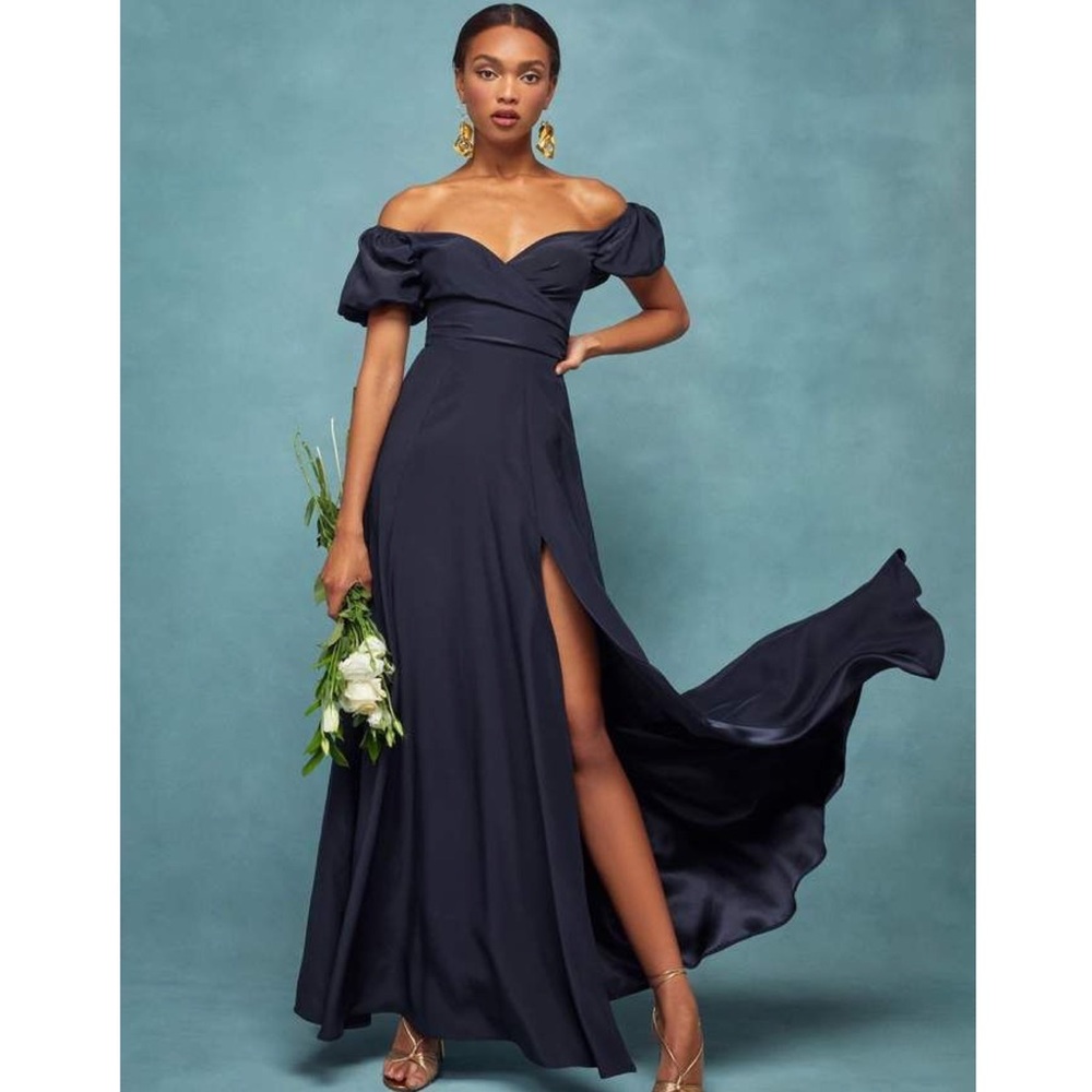 REFORMATION Grigio Off-Shoulder Silk Long Dress in Navy